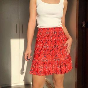 Zara Floral Peplum Pleated Mini Skirt Orange